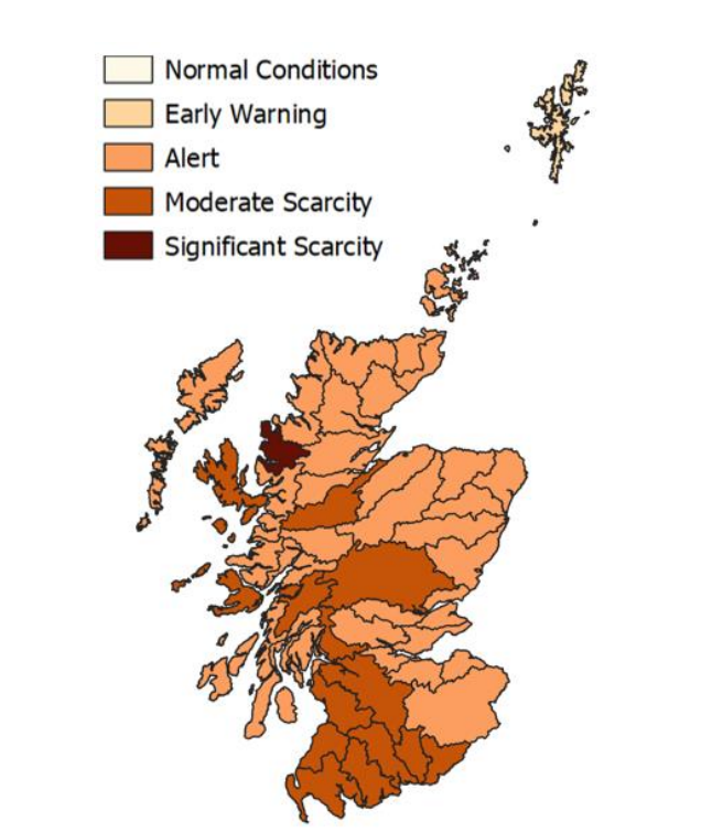 A map of Scotland showing water scarcity levels for the week of 15th June 2023. The southwest and much of central Scotland are shaded in dark orange to indicate Moderate Water Scarcity status while the area around Loch Maree in the northwest highlands is shaded in red to indicate a Significant Water Scarcity situation. The rest of the country is shaded in light orange to indicate that it is at Alert level for water scarcity.