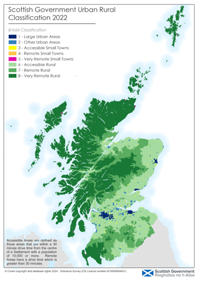 Picture of a map of Scotland using Scottish Government Urban and Rural classification 2022. The picture shows a large amount of Scottish areas which are very remote rural, remote rural and accessible rural. 